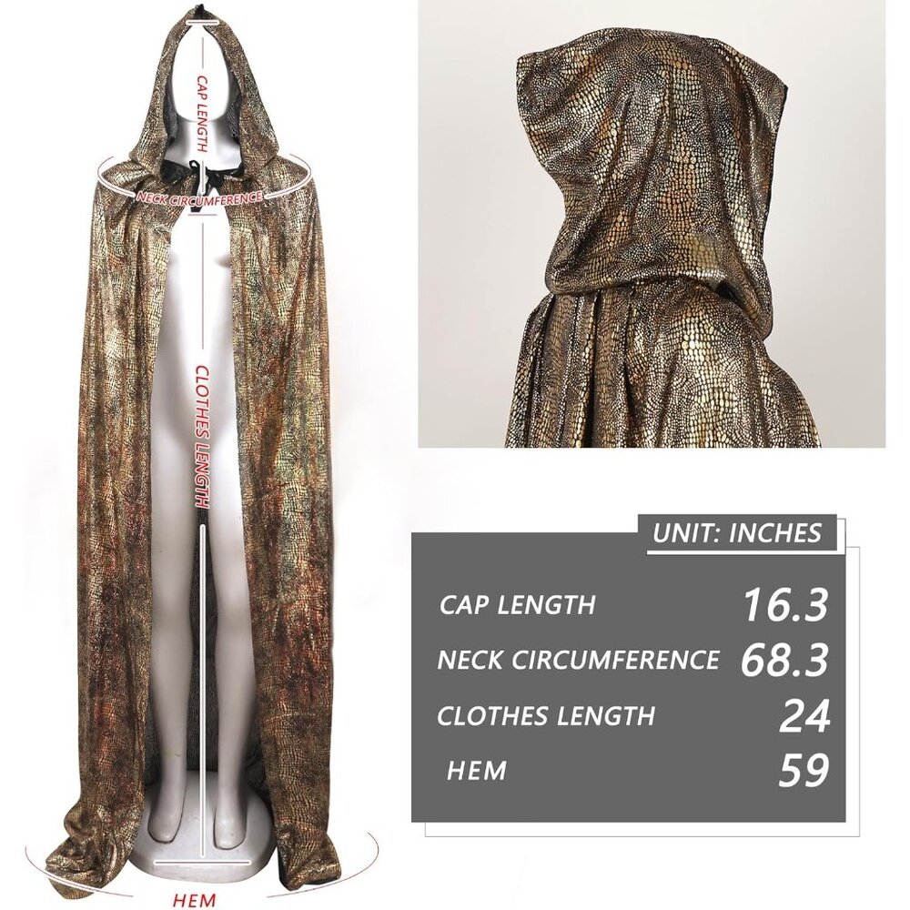 Women's Gold Witch Imported Velvet Cloak Halloween Hooded Cape Medieval Costume - Picture 6 of 6